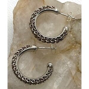 Vintage Textured Chain Hoop Earrings 7/8'' Sterling 925 Silver 6g Italy Pierced